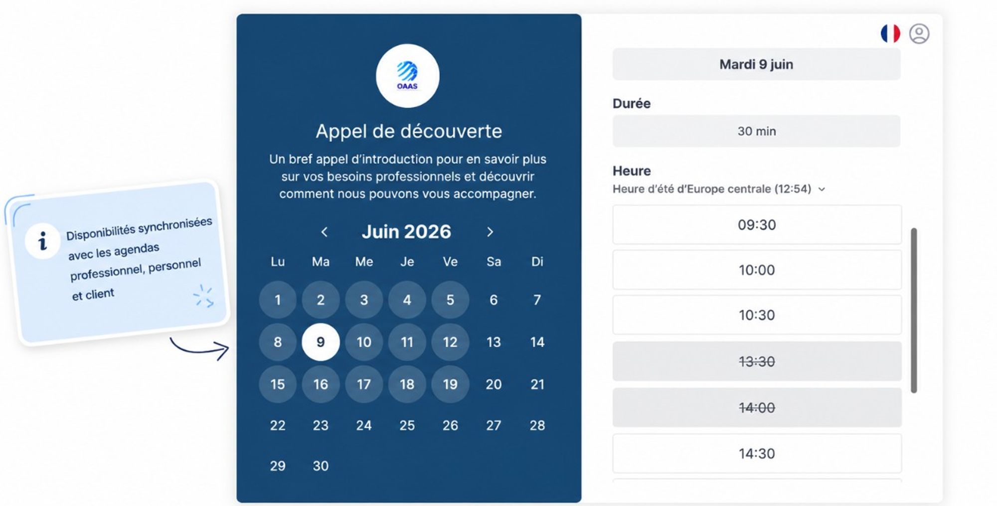 page de réservation d’un appel de découverte client créée avec Koalendar et synchronisée avec les agendas Google